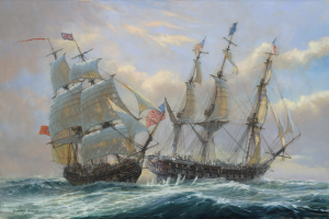 Java rakes Constitution, painting by Briton Geoff Huband.  He has heightened the drama by clouding the sky and roughing the waters (the actual day was sunny, the sea oily calm)
